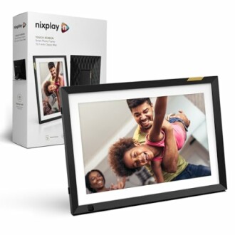 Nixplay Smart Photo Frame with packaging, featuring a family photo.