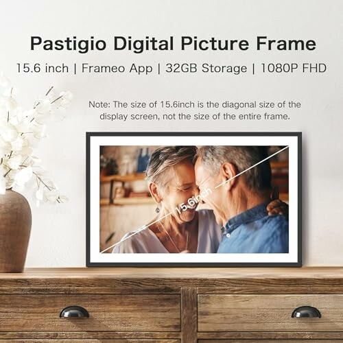 Pastigio digital picture frame with 15.6 inch display, Frameo app, 32GB storage, 1080P FHD.