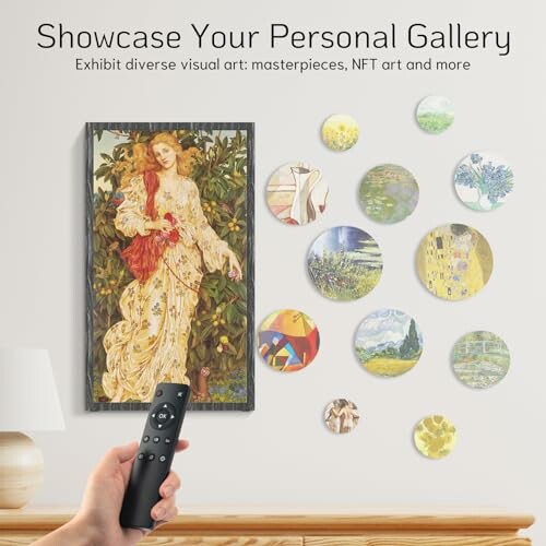 Wall display with diverse art pieces including a painting and circular art prints.