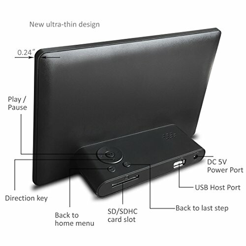 Back view of a portable DVD player highlighting features like ultra-thin design, ports, and controls.