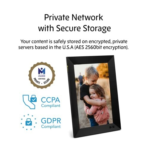 Digital photo frame with private network and secure storage features. 