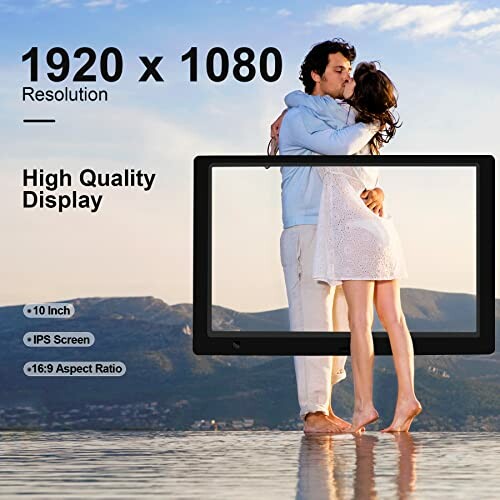 Couple kissing inside display frame with text about screen resolution and features.