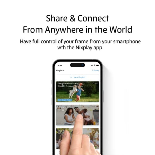 Hand using smartphone app to control photo frame with text about connecting from anywhere.