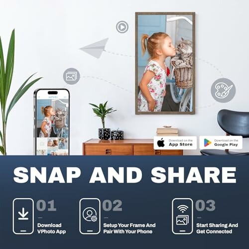 Promotional image for VPhoto app with phone and picture frame setup instructions.