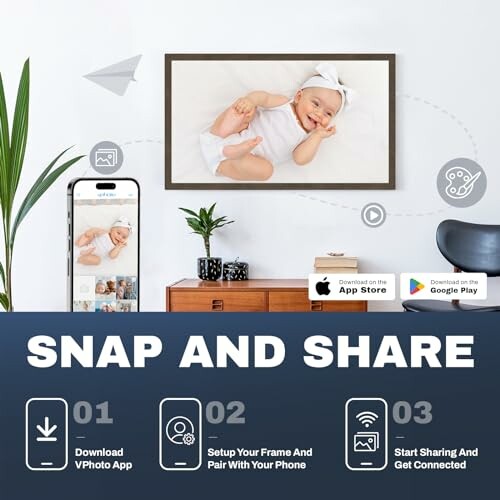 Promotion for Snap and Share app showing setup steps with a framed baby photo.