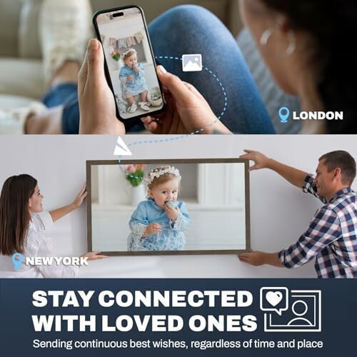 People video calling and a framed photo of a child, connecting London and New York.