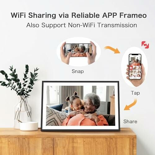 Digital photo frame showcasing WiFi sharing via Frameo app.