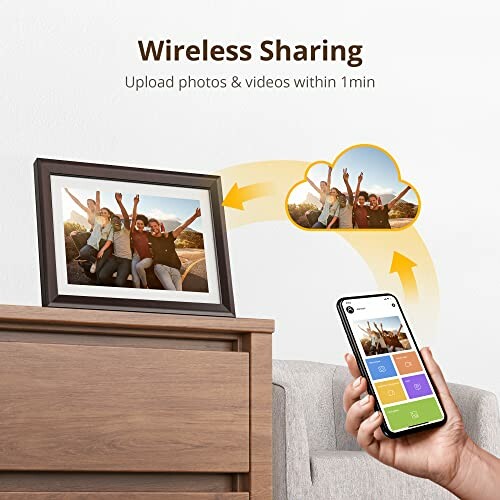 Digital photo frame with wireless sharing feature, person using smartphone app.